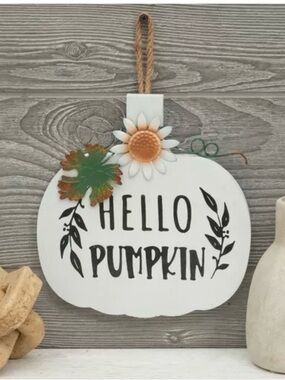 Hello Pumpkin White Wooden Hanging Sign